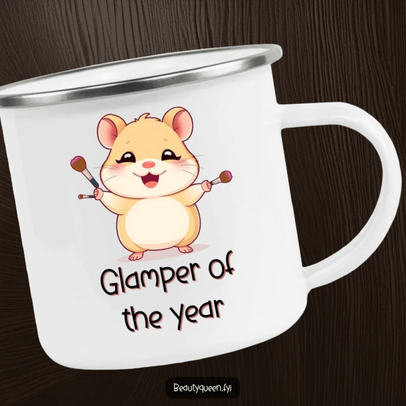 Funny, durable camping mug featuring a giggling hamster juggling makeup brushes, designed for outdoor enthusiasts who appreciate humor.