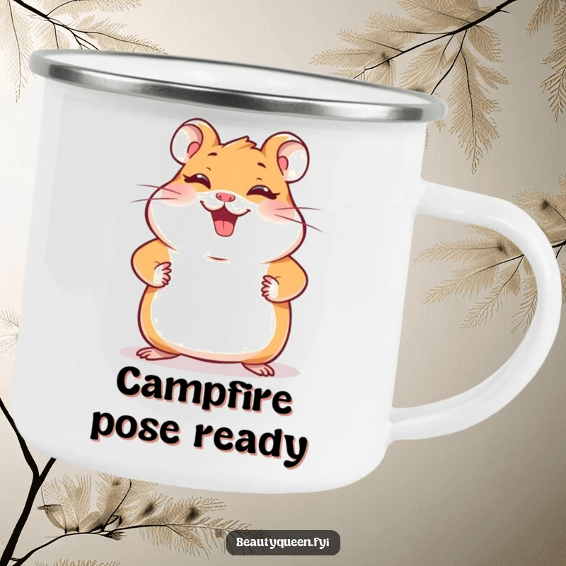 Funny hamster camping mug showing a giggling hamster striking a pose with paws on hips, perfect for enjoying drinks outdoors with cheerful humor.