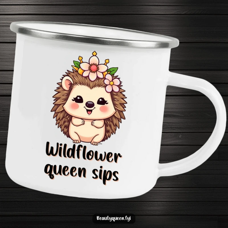 Funny Hedgehog Camping Mug: A happy hedgehog queen with a flower crown is ready for any royal outdoor adventure.