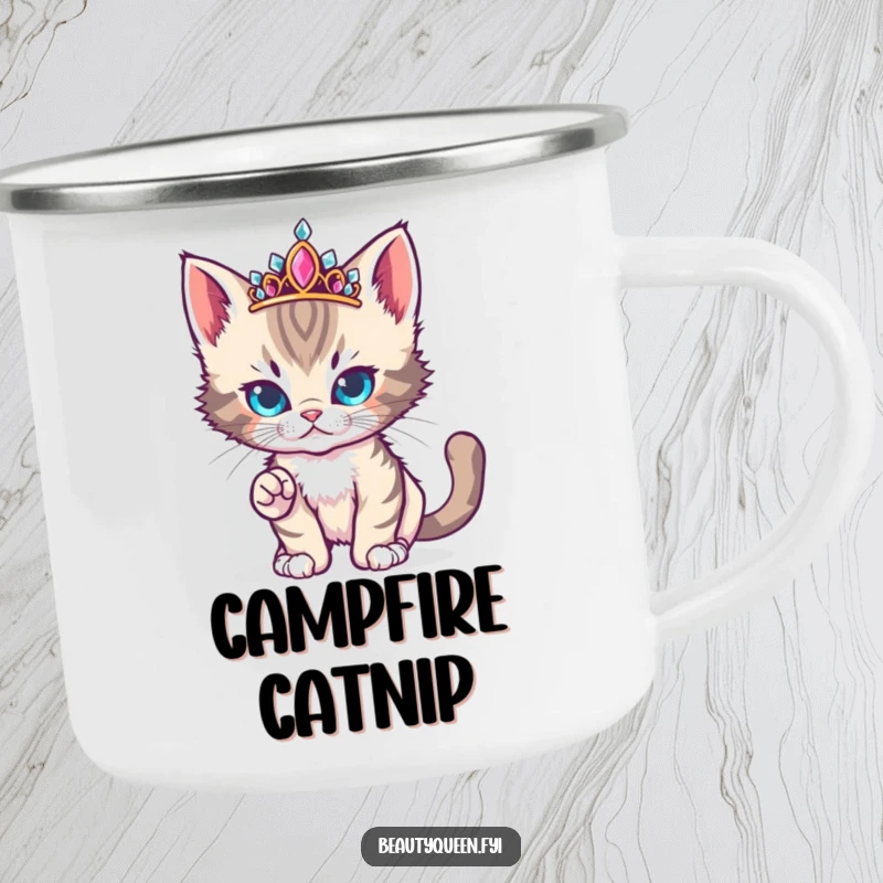 Funny cute kitten wearing a jeweled tiara strikes a fierce yet adorable runway pose on a camping mug.