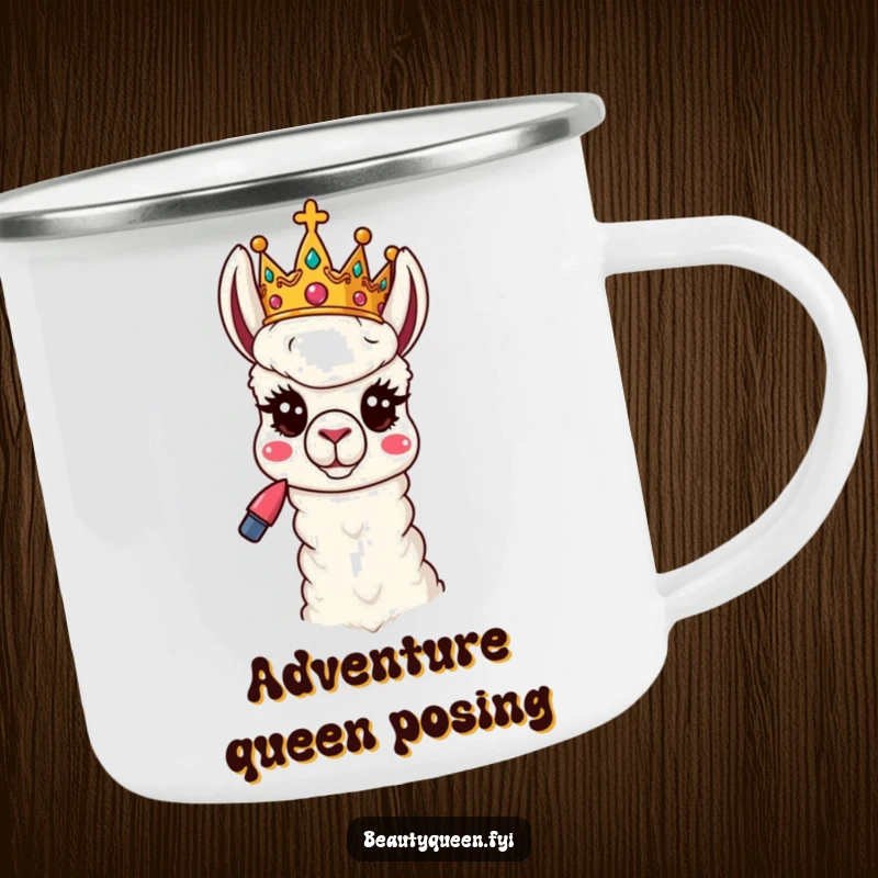 Funny Llama Camping Mug: A playful llama queen with a tilted crown and lipstick strikes a funny pose, ready for a royal outdoor trip.