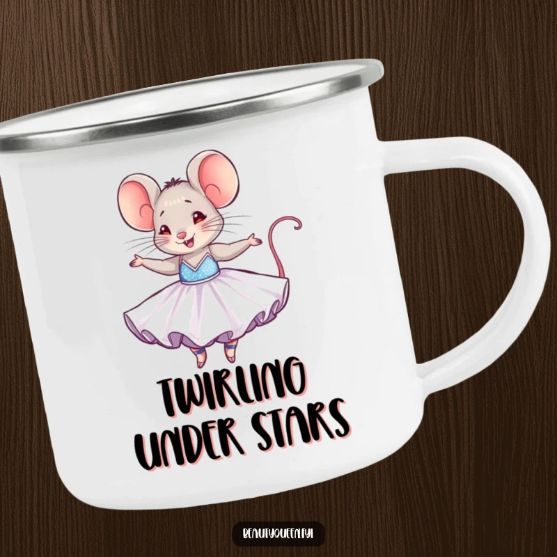 Funny mouse camping mug with a tiny mouse in a dazzling ballgown, joyfully twirling, perfect for charming outdoor sips.