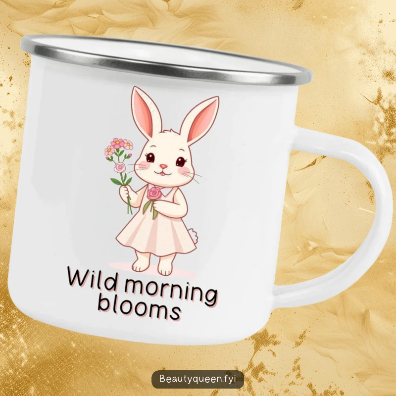 Funny Camping Mug showing a rabbit in a dazzling sparkly dress holding a small flower bouquet, perfect for outdoor, humorous enjoyment.