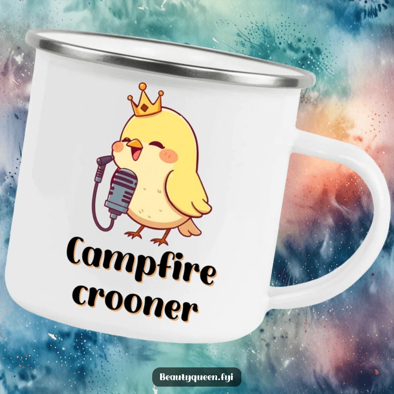 Funny enamel camping mug with a crowned bird singing into a microphone, perfect for outdoor enthusiasts who appreciate humorous and musical drinkware.
