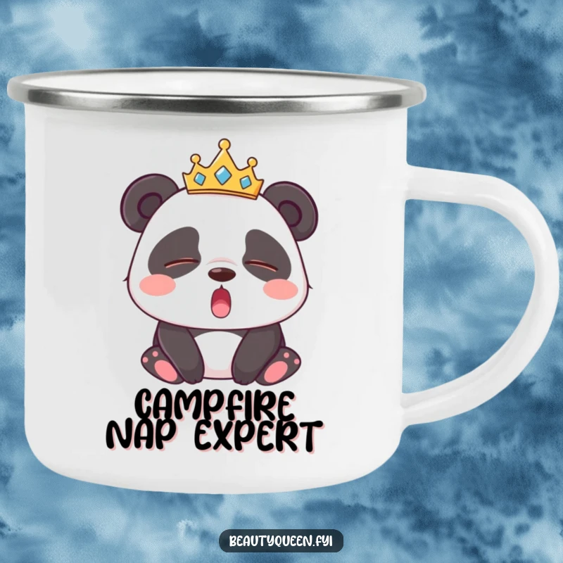 Funny Panda Camping Mug: Durable enamel mug featuring a sleepy panda wearing a tiara, yawning contentedly with closed eyes.