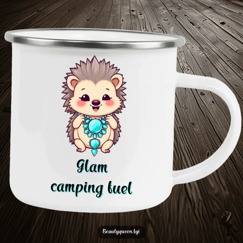 Funny camping mug with a smiling hedgehog adjusting a large, oversized jeweled necklace.