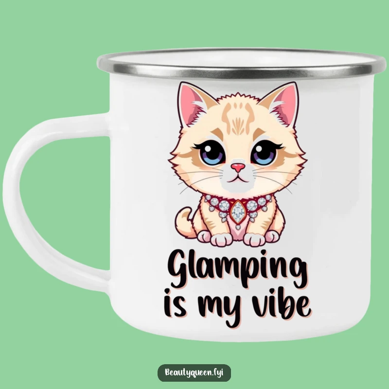 Funny Camping Mug: Majestic Cat, Rhinestone Collar, Adventure Ready, Funny Gift!