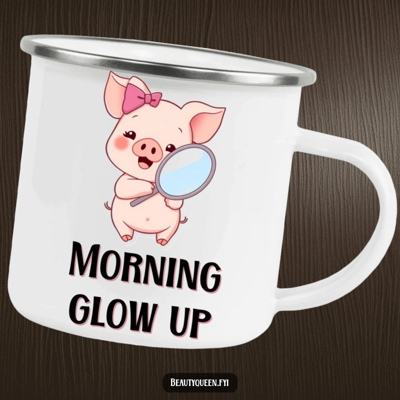 Funny piglet with a pink bow holding a mirror, looking happily into it, designed for a durable and cheerful camping mug.