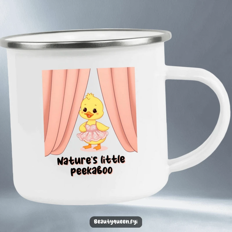 Funny duckling in a glamorous dress peeking from behind a tent flap, rugged and funny camping mug.