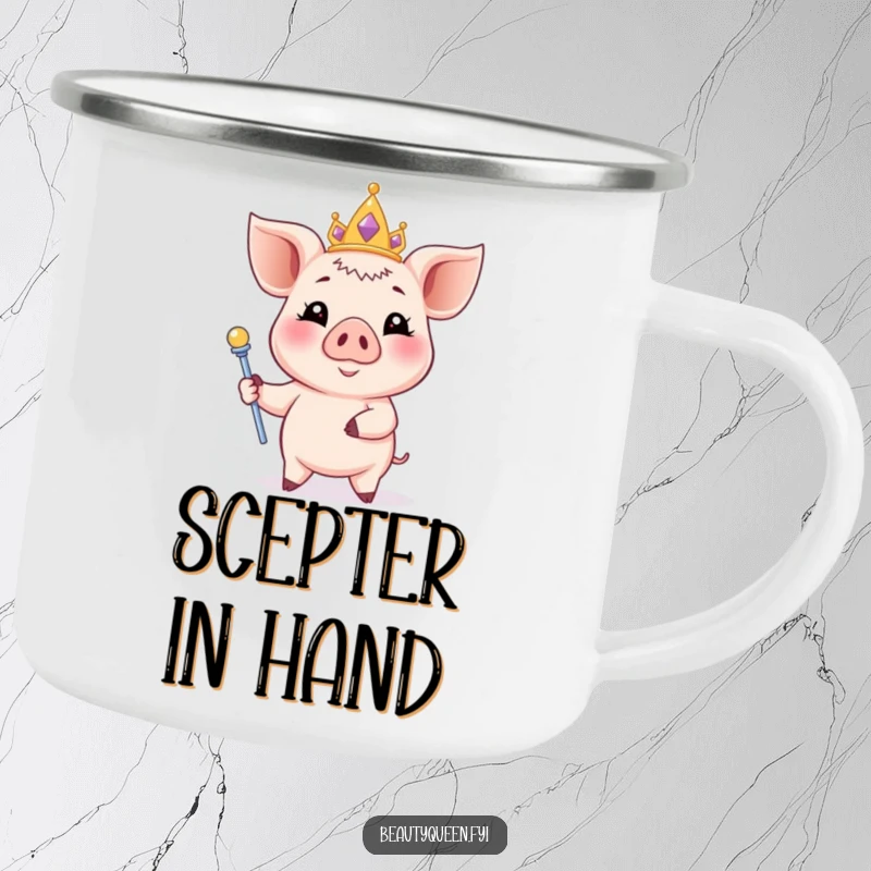 Funny piglet camping mug showing a smiling piglet in a tiara and scepter, for regal outdoor enjoyment.