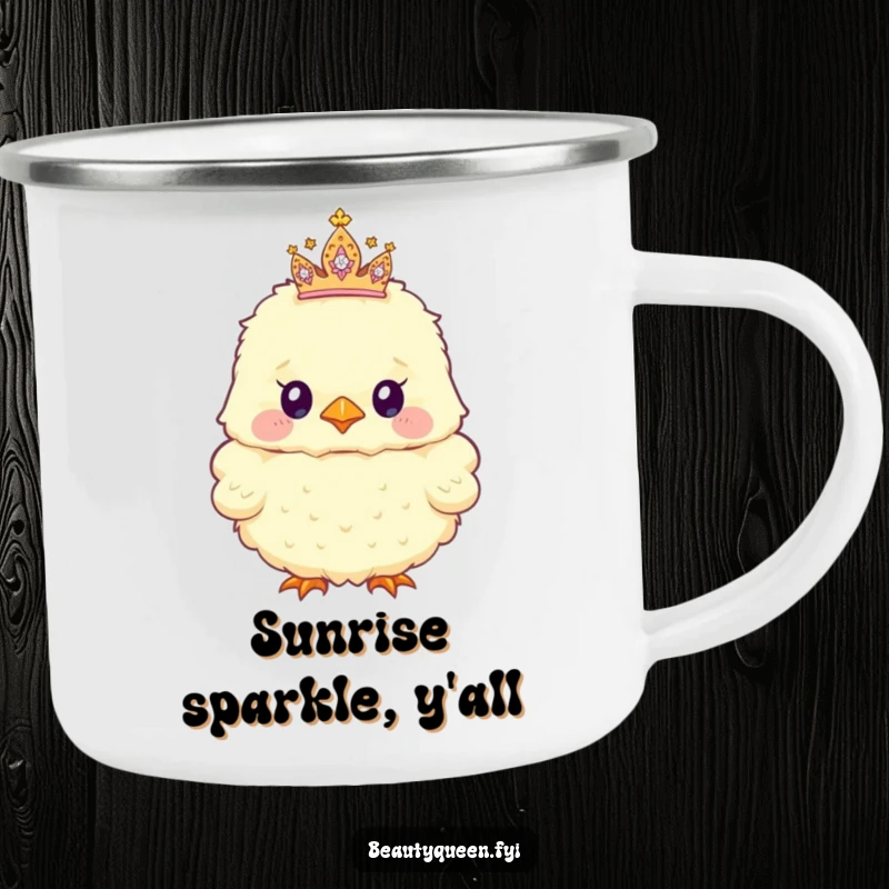 Funny Camping Mug showing a fluffy chick with a tiny, sparkly tiara askew, perfect for sipping coffee amidst nature's charm.