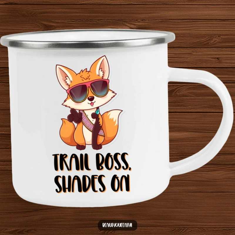 Funny fox sunglasses camping mug, sassy animal enamel cup, durable for outdoor excursions, a humorous and cool gift.