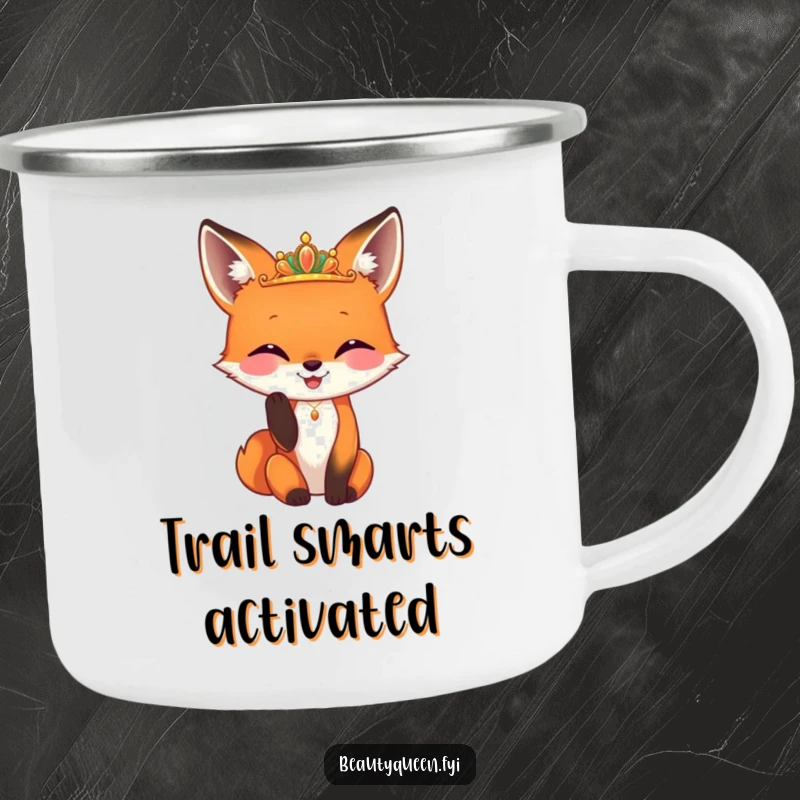 Funny fox camping mug featuring a happy fox adjusting a tiny, gleaming diadem, perfect for enjoying hot drinks with hilarious foxy elegance.