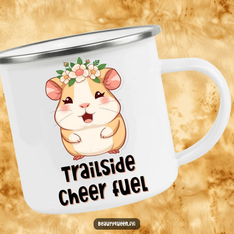 Funny guinea pig wearing a floral crown, winking and giggling, designed for a durable camping mug. Cute outdoor art.