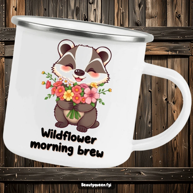 Funny Camping Mug: A happy badger proudly holds flowers, ready for outdoor sipping and adventures.