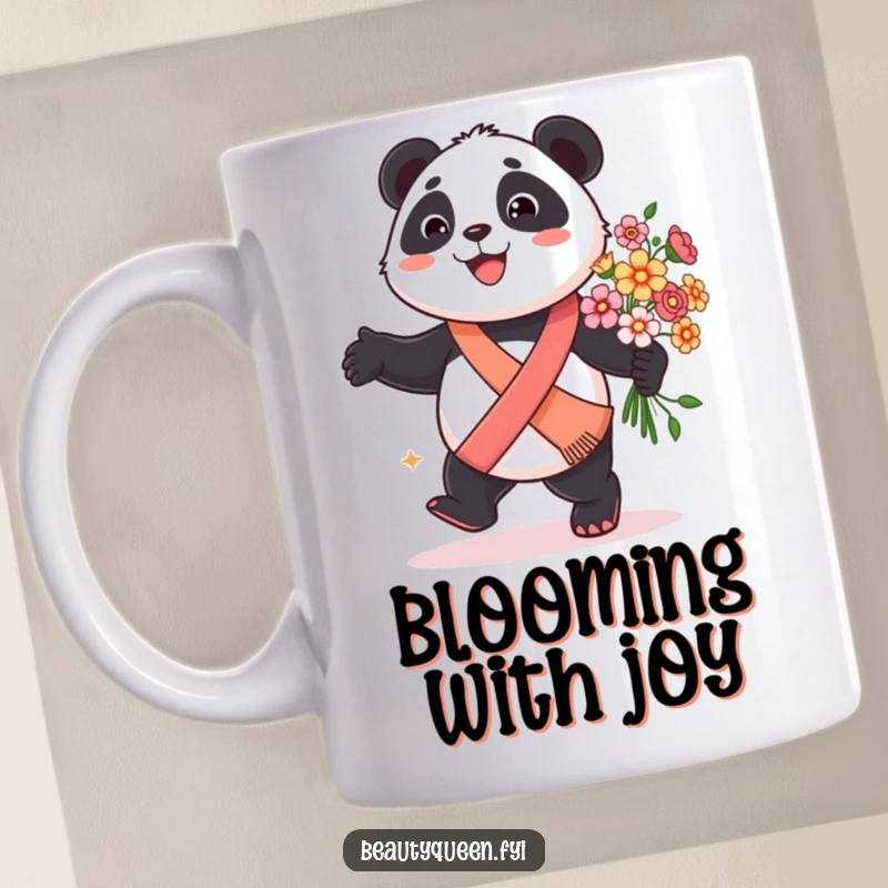 Funny panda mug featuring a smiling panda wearing a sash, joyfully prancing with a colorful bouquet of flowers.