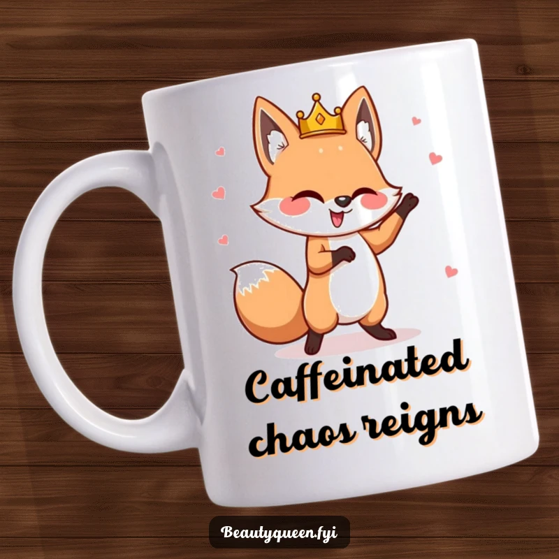 Funny fox mug featuring a goofy fox wearing a tilted crown, performing a whimsical dance with playful energy.