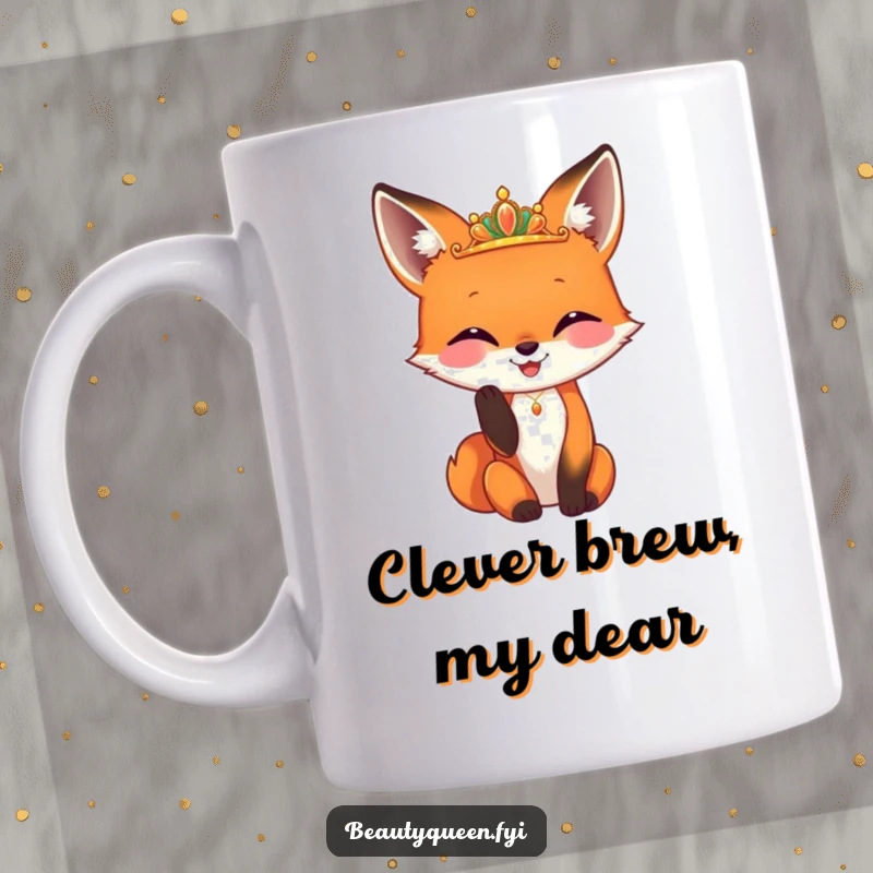 Funny fox mug featuring a happy fox carefully adjusting a tiny, gleaming diadem with its paw, showcasing hilarious foxy elegance.