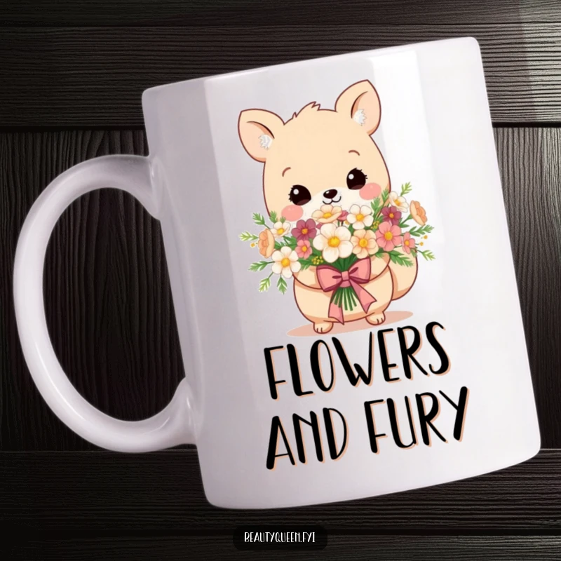 Funny mug with an adorable animal holding a beautiful bouquet of flowers, tied with an elegant, regal bow.