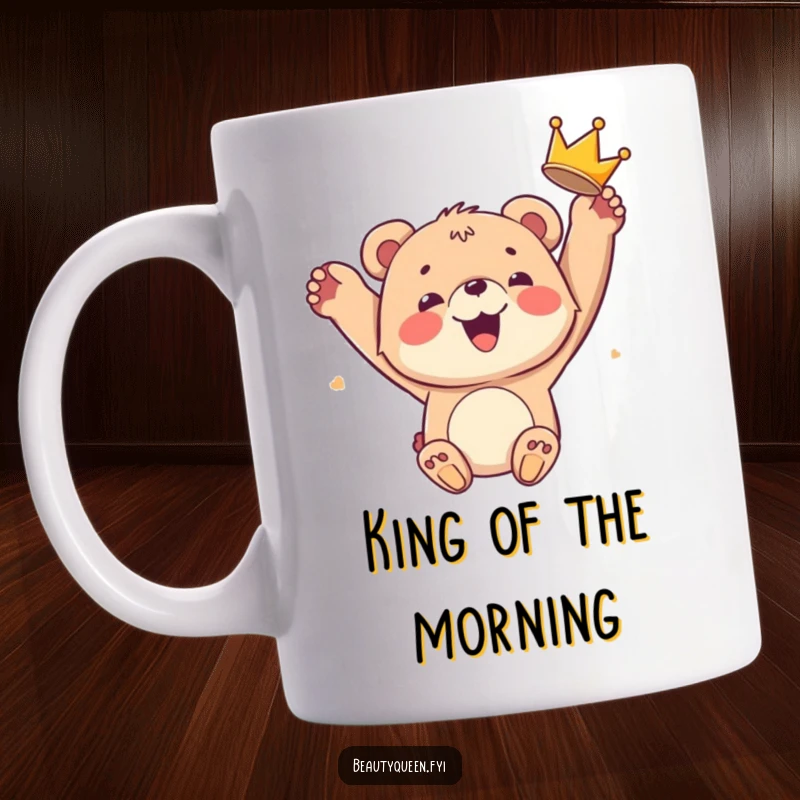 Funny bear cub mug showing a smiling cub joyfully tossing a crown in the air, embodying hilarious celebration and pure happiness.