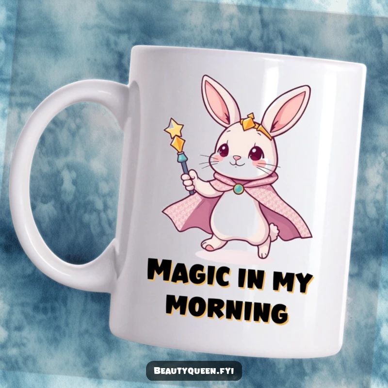 Funny bunny mug featuring a cute bunny in a glittering cape, zooming with a scepter, casting magical spells.