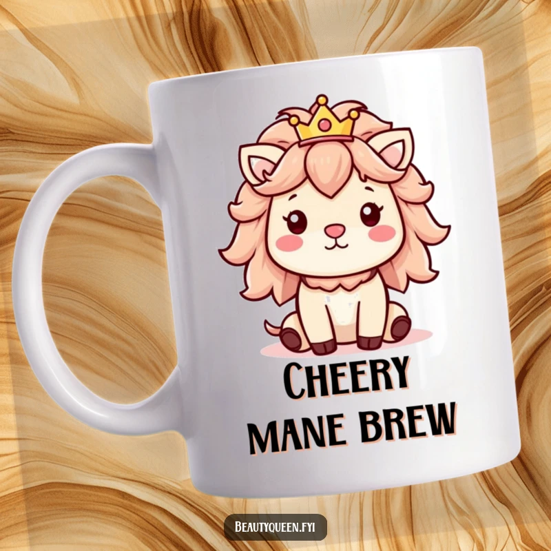 Funny mug showcasing a cheerful animal with a fluffy mane and a tiny, cute crown, radiating happiness.