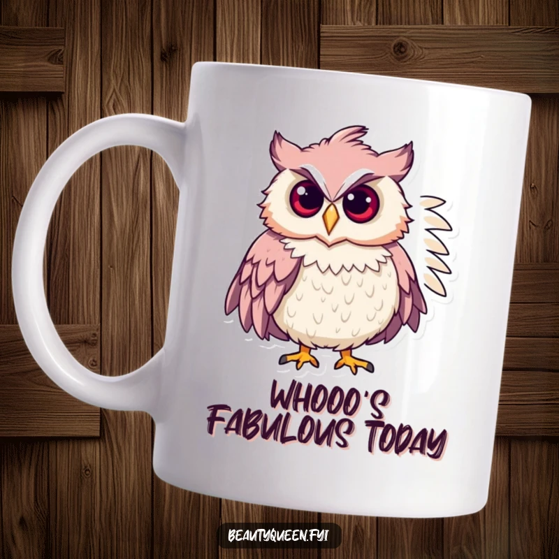 Funny chic owl wearing a feathered boa, striking a confident pose on a mug, exuding sass and style.