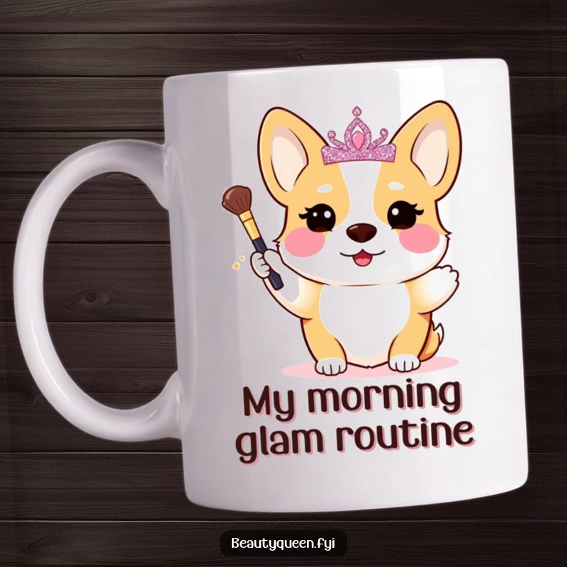 Funny Corgi Mug: A blushing corgi princess with a glittery tiara holds a tiny makeup brush, looking fabulous and ready for glamour.