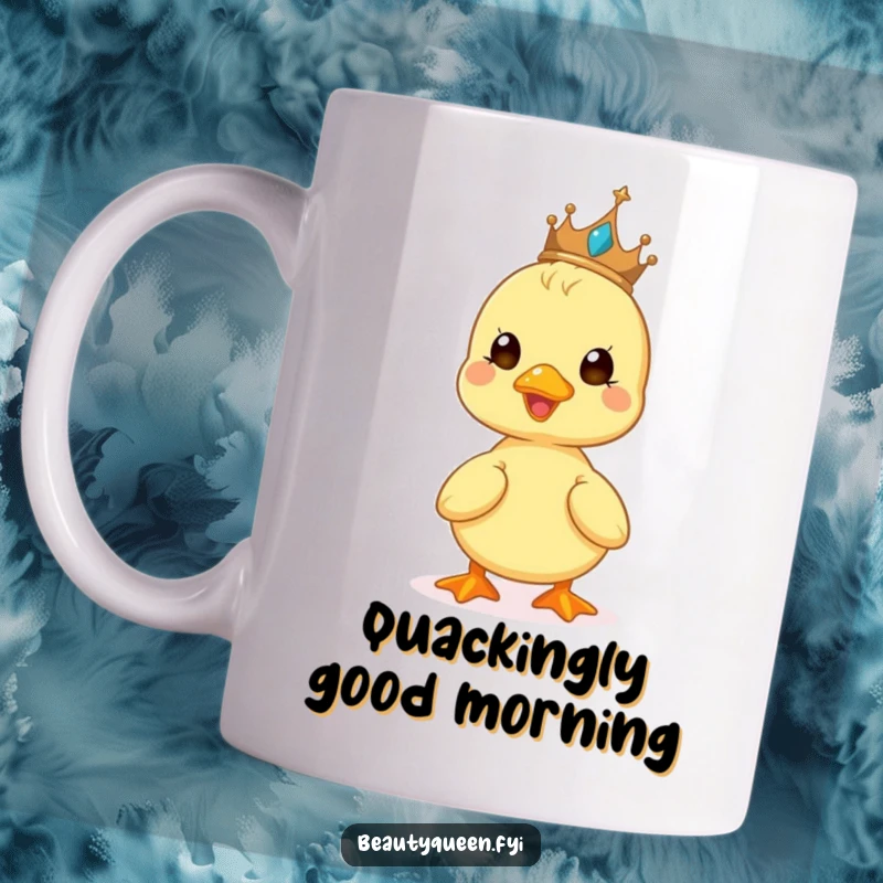 Funny mug with a cute duckling beaming while balancing a tiny tiara on its head, radiating pure happiness.