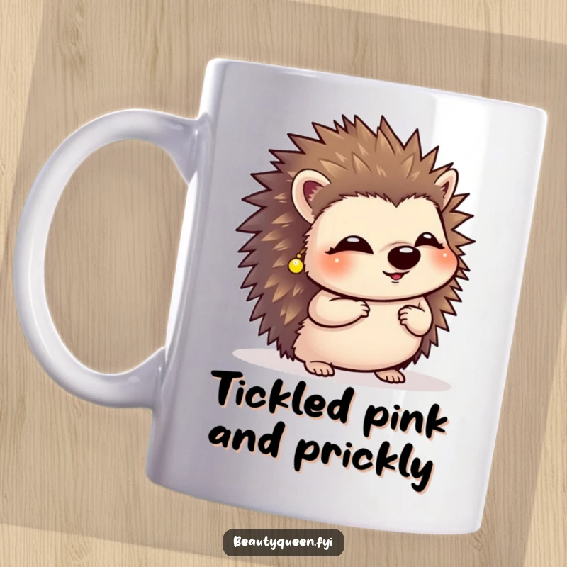 Funny giggling hedgehog wearing tiny earrings, performing a polite curtsy on a charming mug.