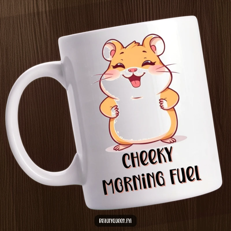 Funny hamster mug with a giggling hamster striking a confident pose with paws on hips, radiating pure joy and playful energy.