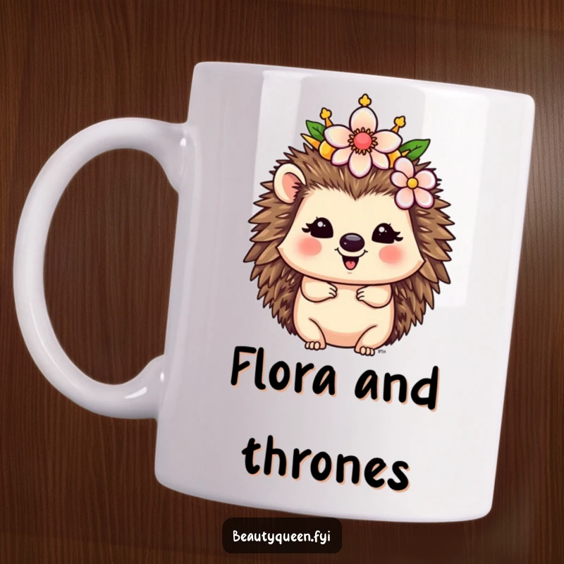 Funny Hedgehog Mug: A happy hedgehog queen smiles while placing a whimsical flower onto her regal crown, looking absolutely charming.