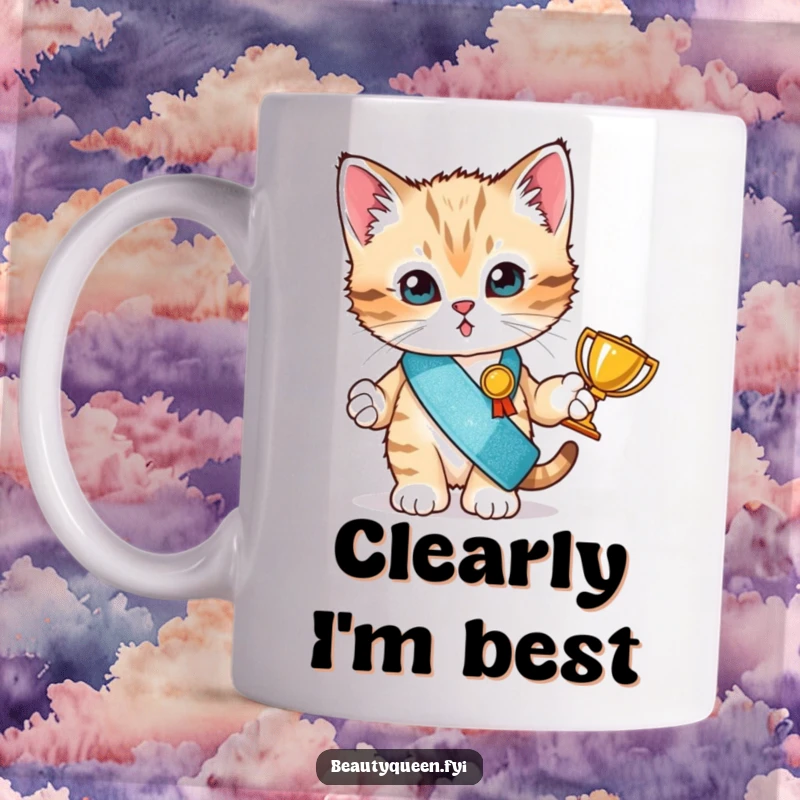Funny kitten wearing a glitter sash holds a tiny trophy, looking like a proud champion on this funny mug.