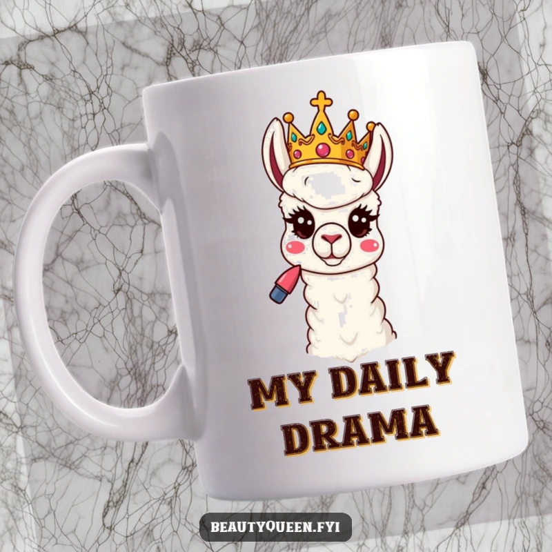 Funny Llama Mug: A playful llama queen with a tilted crown strikes a silly pose, holding lipstick with a sassy, humorous expression.