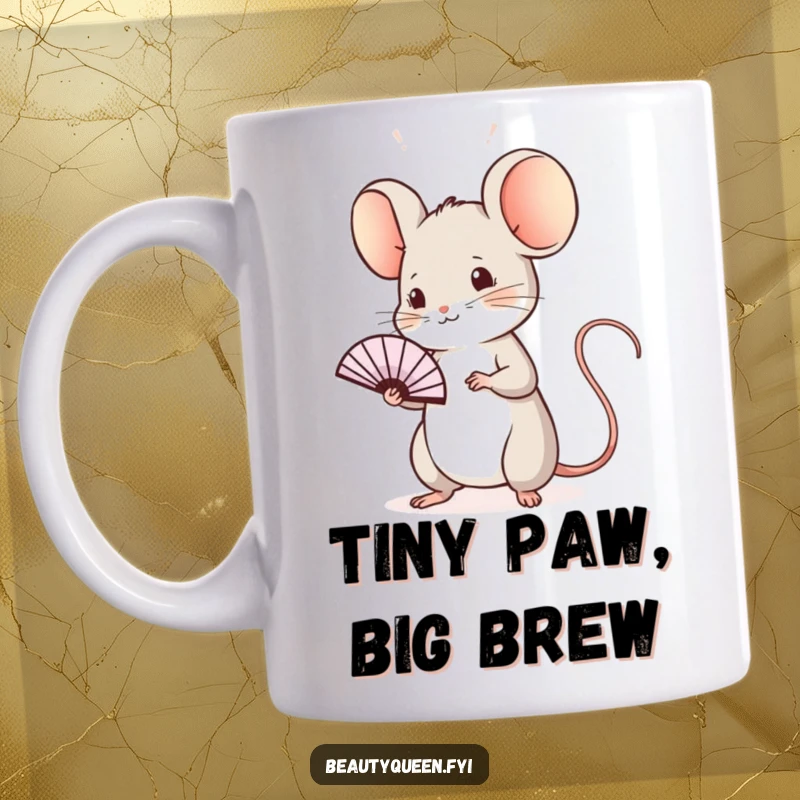 Funny mouse mug with a sweet mouse in a regal pose, practicing a wave with a tiny fan, exuding miniature elegance and charm.