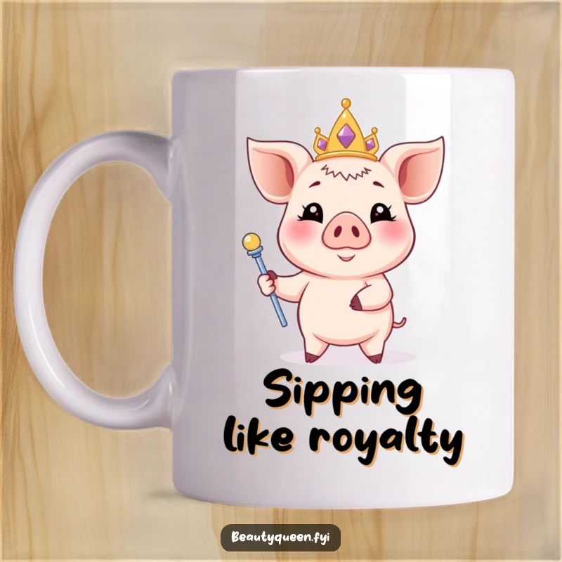 Funny piglet mug featuring a smiling piglet in a pastel tiara, posing elegantly with a scepter, a regal and amusing gift.
