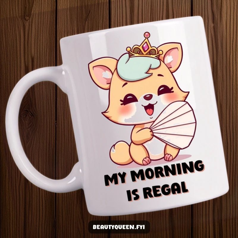 Funny mug with a playful animal giggling behind a fan, wearing a tilted tiara, embodying mischievous delight.