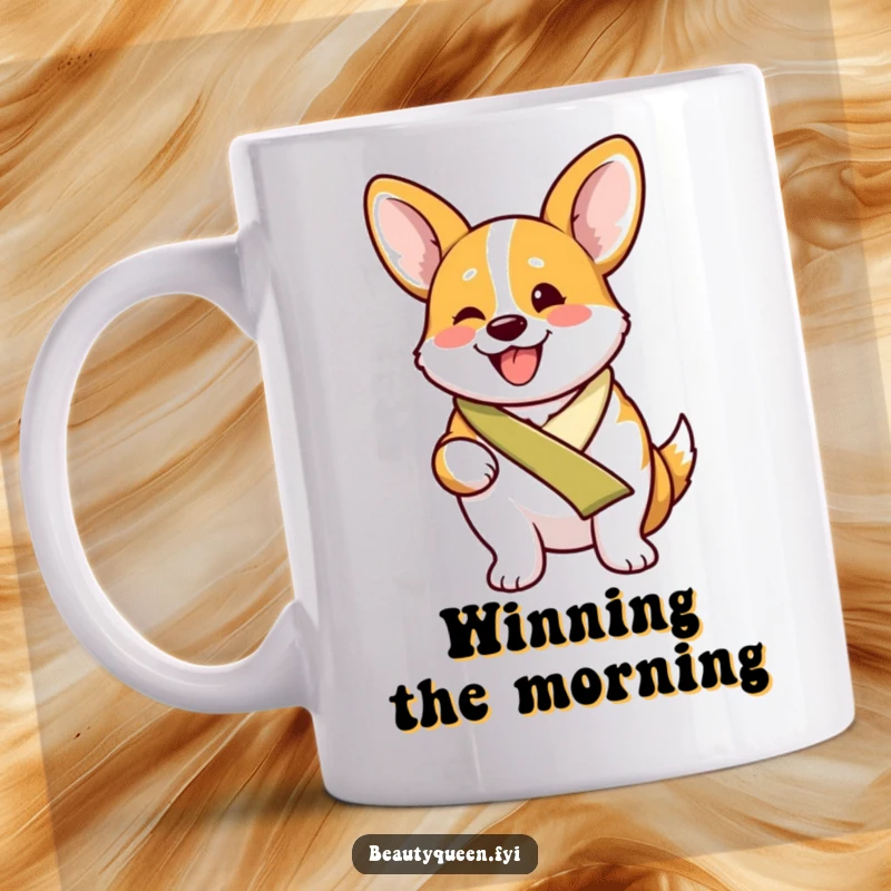 Funny proud corgi wearing a sash, beaming with excitement on a celebratory mug.