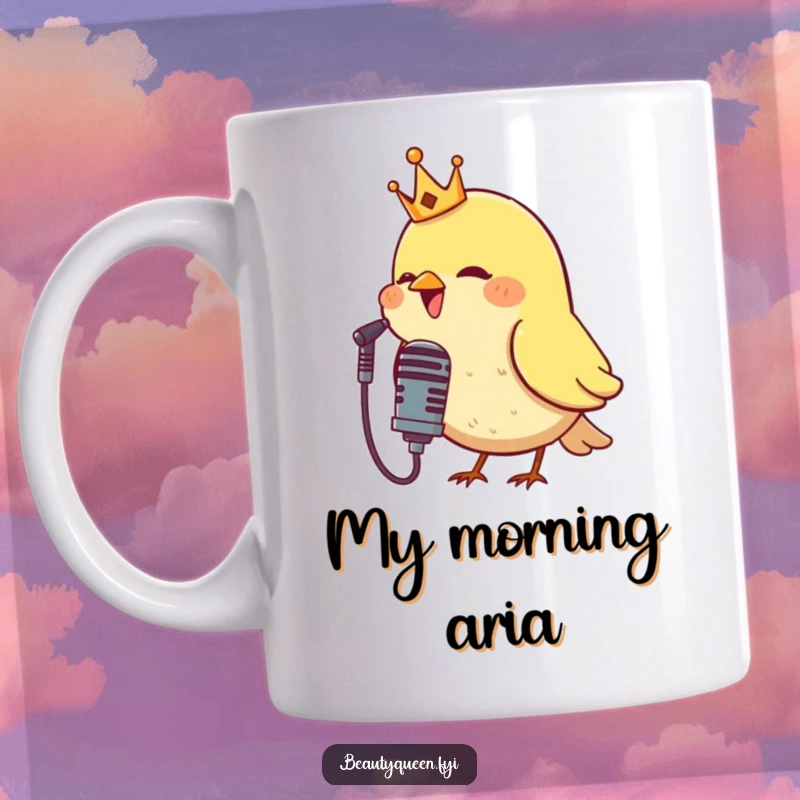 Funny mug showing a majestic bird wearing a tiny golden crown, singing passionately into a microphone, ideal for music lovers and karaoke stars.