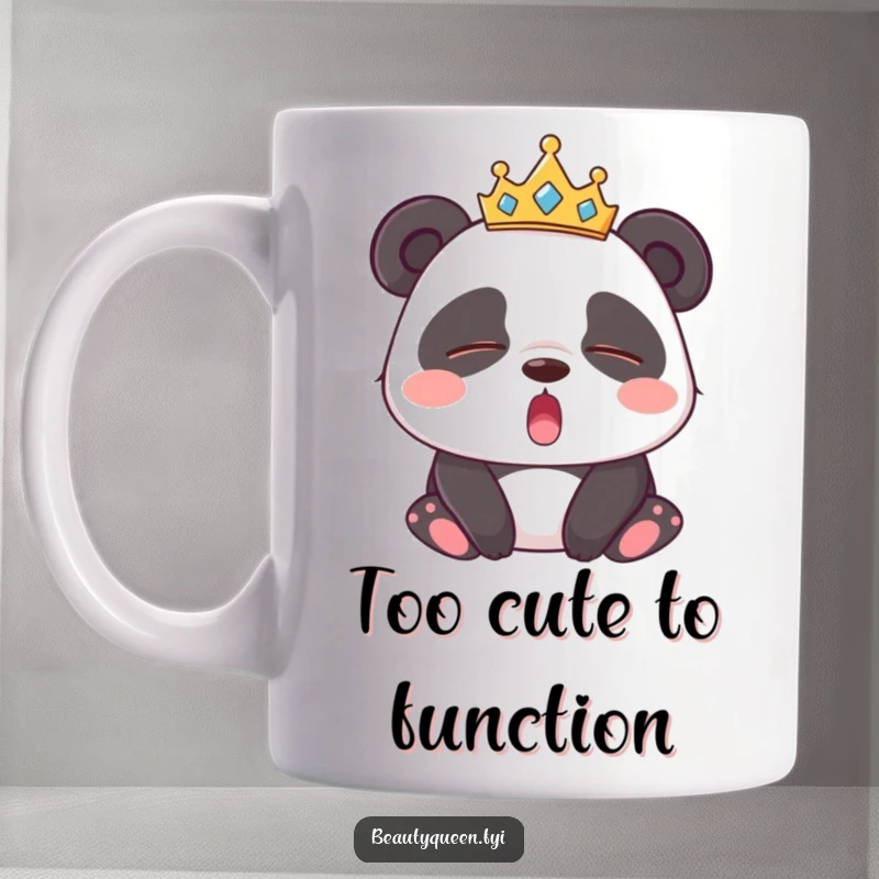 Funny Panda Mug: Sleepy panda character wearing a tiara, yawning widely with eyes closed, embodying the desire for more sleep.