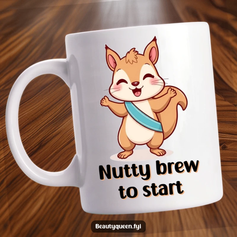 Funny squirrel mug featuring a playful squirrel in a sash, doing a little dance with hilarious energy and nutty joy.