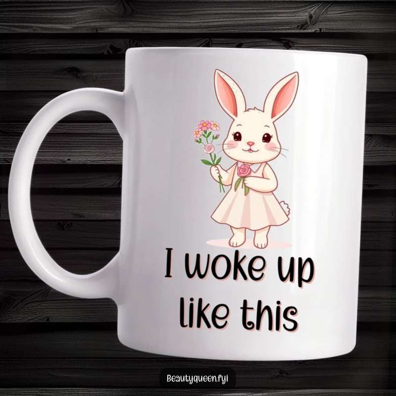 Funny Mug featuring a rabbit in a sparkly dress holding a tiny bouquet of flowers, celebrating joy and whimsy.