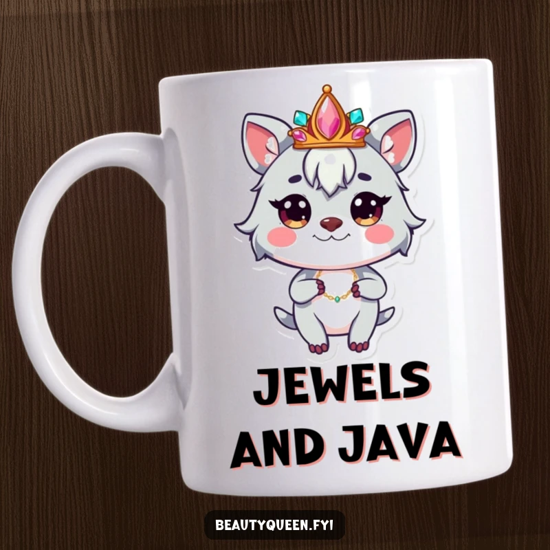 Funny mug with a whimsical animal character wearing a jeweled crown, striking a powerful and confident pose.