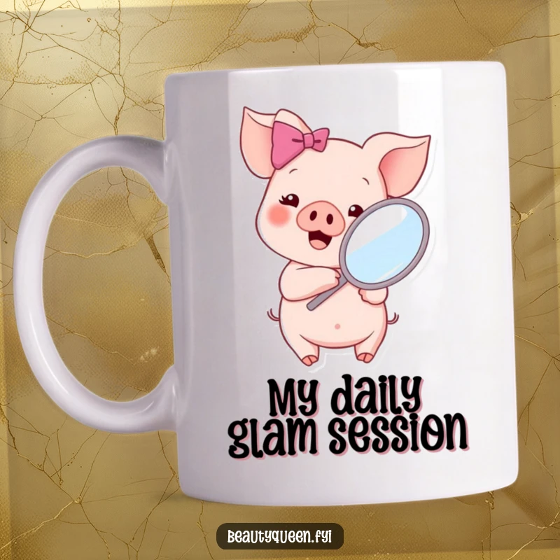 Funny piglet with pink bow holding a mirror, looking cheerful and ready for a self-love moment, perfect for a cute mug.