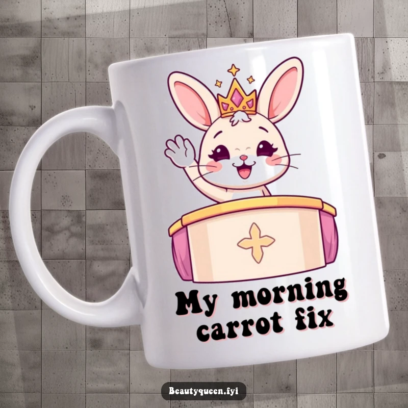 Funny bunny wearing a sparkly tiara waves from a podium, exuding cheerful confidence on a mug.