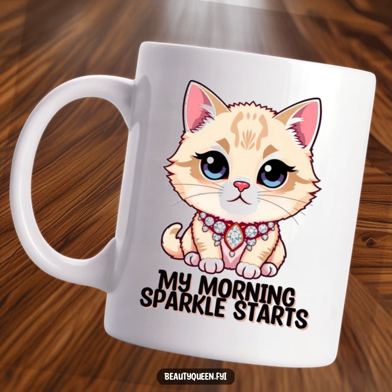 Funny Cat Mug with a majestic cat wearing a glittering rhinestone collar, looking utterly pleased with its fancy accessory.
