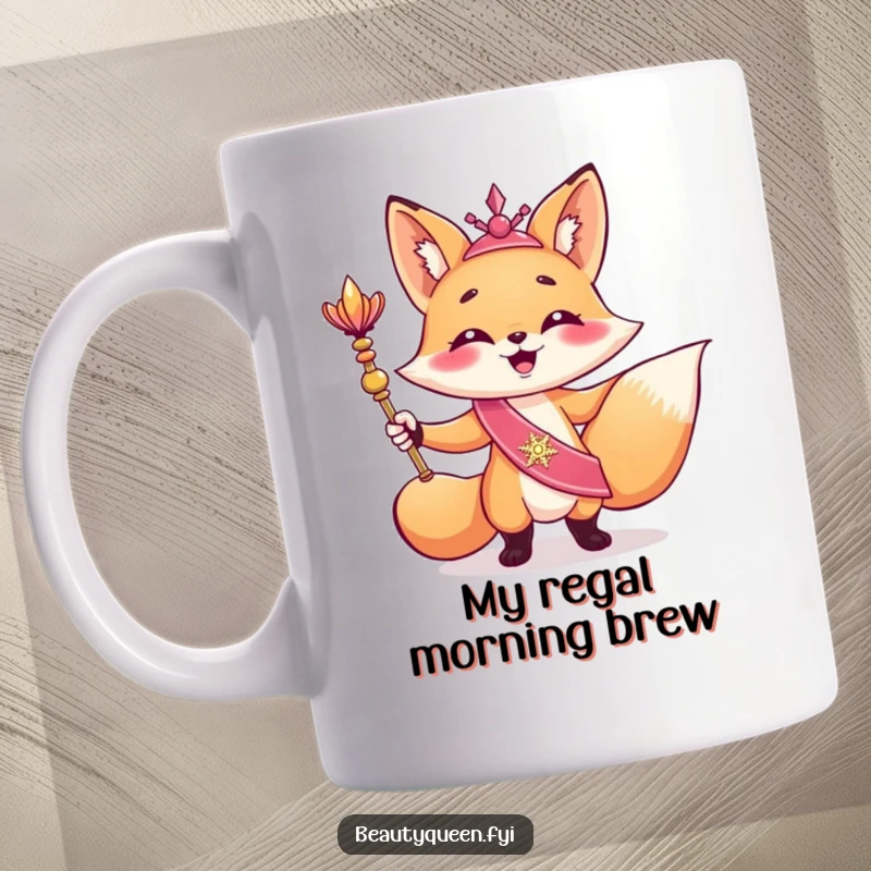 Funny mug featuring a giggling fox in a shimmering sash, holding a scepter triumphantly, exuding regal amusement and joy.