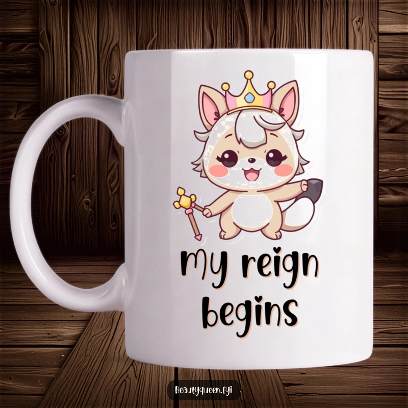 Funny mug showcasing a smiling animal character wearing a crown and confidently posing with a royal scepter.