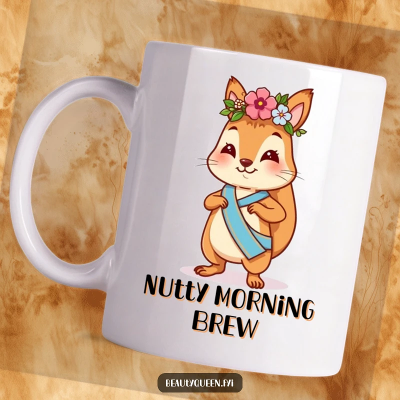 Funny squirrel mug featuring a playful squirrel with a flower crown and sash, strutting confidently, a humorous and charming gift.