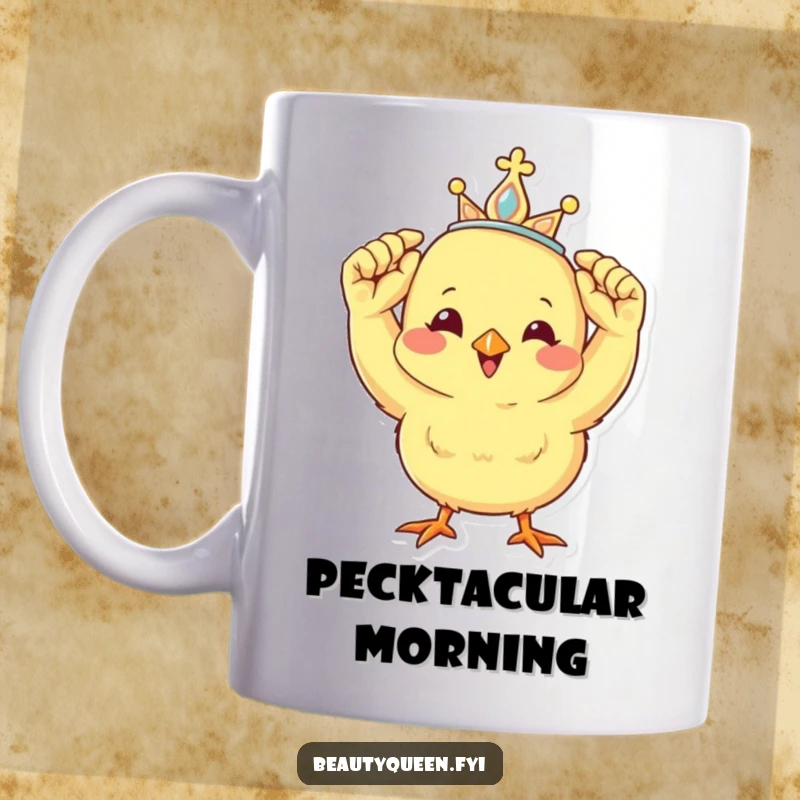 Funny mug showcasing a cheerful chick adjusting a miniature tiara, exuding happy and regal vibes.